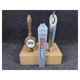 Lot of 3 Beer Tap Handles - Miller Lite, Coors Light, and Michelob Golden Light in a Small Falstaff Beer Crate