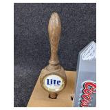 Lot of 3 Beer Tap Handles - Miller Lite, Coors Light, and Michelob Golden Light in a Small Falstaff Beer Crate