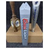 Lot of 3 Beer Tap Handles - Miller Lite, Coors Light, and Michelob Golden Light in a Small Falstaff Beer Crate