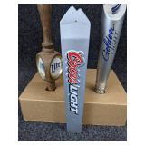 Lot of 3 Beer Tap Handles - Miller Lite, Coors Light, and Michelob Golden Light in a Small Falstaff Beer Crate
