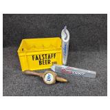 Lot of 3 Beer Tap Handles - Miller Lite, Coors Light, and Michelob Golden Light in a Small Falstaff Beer Crate