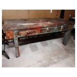 Rustic Old Table/Work Bench On Wheels With 3-Drawers 79x32x35 Tall