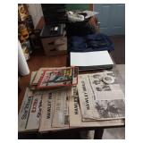 OFFICE RELATED LOT: 4-drawer File, Laminator, Paper Trays, Punch, Old Newspapers, Old Nixon Button, More