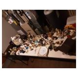 Contents On Table Top: Collectibles, Knitting Basket, Figurines, Vintage Glassware