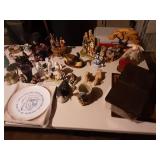 Contents On Table Top: Collectibles, Knitting Basket, Figurines, Vintage Glassware