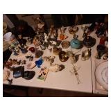 Contents On Table Top: Collectibles, Knitting Basket, Figurines, Vintage Glassware