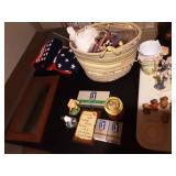 Contents On Table Top: Collectibles, Knitting Basket, Figurines, Vintage Glassware