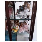Lighted 2-Door Glass Doll Display Case  & Collection Of Dolls Many With Original Boxes 78x48x14