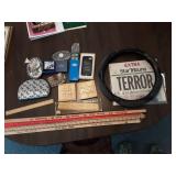 Cribbage Boards, Clock, 2-Watches (1-Pulsar), Yard Sticks & Misc