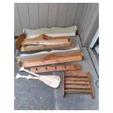 multiple wood coat rack shelving, a...
