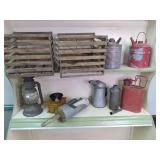 2 vintage crates, lantern, gas, & o...