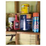 Lot of funnels, car fluids, paint, ...