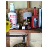 Lot of funnels, car fluids, paint, ...