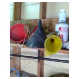 Lot of funnels, car fluids, paint, ...
