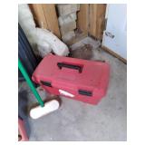 2 saw horses, bin of tools, and emp...