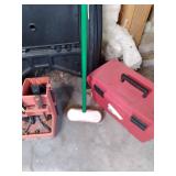 2 saw horses, bin of tools, and emp...
