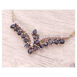 "T&C" Signed Blue Sapphire and Diamond "V" Design Necklace in 14k Gold