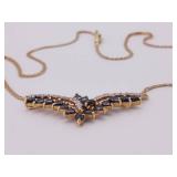 "T&C" Signed Blue Sapphire and Diamond "V" Design Necklace in 14k Gold