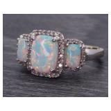 Shimmering Triple Stone Opal and Diamond Halo Ring in 14k Gold (As is)