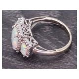 Shimmering Triple Stone Opal and Diamond Halo Ring in 14k Gold (As is)
