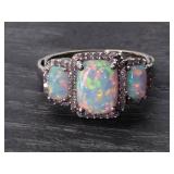 Shimmering Triple Stone Opal and Diamond Halo Ring in 14k Gold (As is)