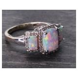 Shimmering Triple Stone Opal and Diamond Halo Ring in 14k Gold (As is)