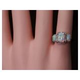 Shimmering Triple Stone Opal and Diamond Halo Ring in 14k Gold (As is)