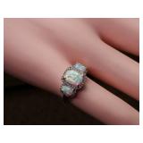 Shimmering Triple Stone Opal and Diamond Halo Ring in 14k Gold (As is)