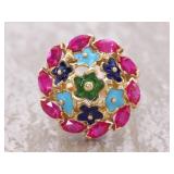 Amazing Floral Ruby and Multi-Color Enamel Round Ring in 18k Gold