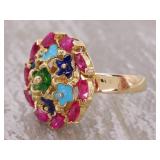 Amazing Floral Ruby and Multi-Color Enamel Round Ring in 18k Gold