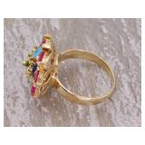 Amazing Floral Ruby and Multi-Color Enamel Round Ring in 18k Gold