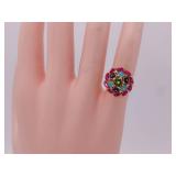 Amazing Floral Ruby and Multi-Color Enamel Round Ring in 18k Gold