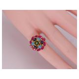 Amazing Floral Ruby and Multi-Color Enamel Round Ring in 18k Gold