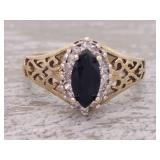 Antique Styled Blue Sapphire and Diamond Ring With 14k Gold Scroll Band