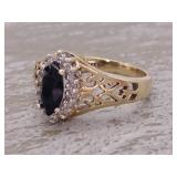 Antique Styled Blue Sapphire and Diamond Ring With 14k Gold Scroll Band