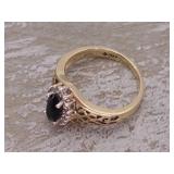 Antique Styled Blue Sapphire and Diamond Ring With 14k Gold Scroll Band