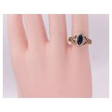Antique Styled Blue Sapphire and Diamond Ring With 14k Gold Scroll Band