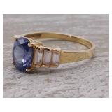 Oval Blue Gemstone and Cubic Zirconium Estate Ring in 14k Gold