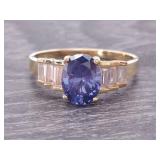 Oval Blue Gemstone and Cubic Zirconium Estate Ring in 14k Gold