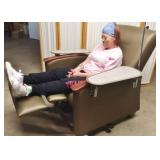 Mobile Extra Wide Patient Reclining Geri Chair With Moveable Side Trays - Nice Condition - Fabric Has Wear Spots In Corners