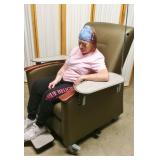 Mobile Extra Wide Patient Reclining Geri Chair With Moveable Side Trays - Nice Condition - Fabric Has Wear Spots In Corners