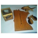 Wood Carving pieces, MN Cribbage board.