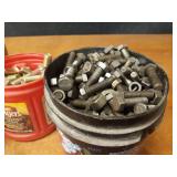 Lot of 5/8" Bolts (6" & 3") and Bucket of 1/2" & 7/16" Bolts