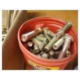 Lot of 5/8" Bolts (6" & 3") and Bucket of 1/2" & 7/16" Bolts