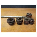 Toledo No 11 Threader w/ (5) RIDGID & Toledo Dies 1-1/4", (2) 1", 3/4" & 3/8"