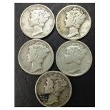 5 90% Silver Mercury Dimes