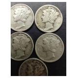 5 90% Silver Mercury Dimes