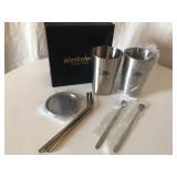NEW Wonbsdom Set of 2 Metal Coffee Cups w/ lids, metal straws & Stir Spoons
