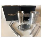 NEW Wonbsdom Set of 2 Metal Coffee Cups w/ lids, metal straws & Stir Spoons