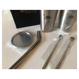 NEW Wonbsdom Set of 2 Metal Coffee Cups w/ lids, metal straws & Stir Spoons